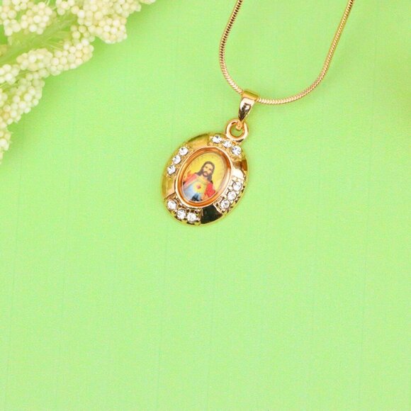 "Sacred Heart Rose Gold Pendant with Crystals – Religious Jewelry, XPPT1737 - Picture 4 of 13